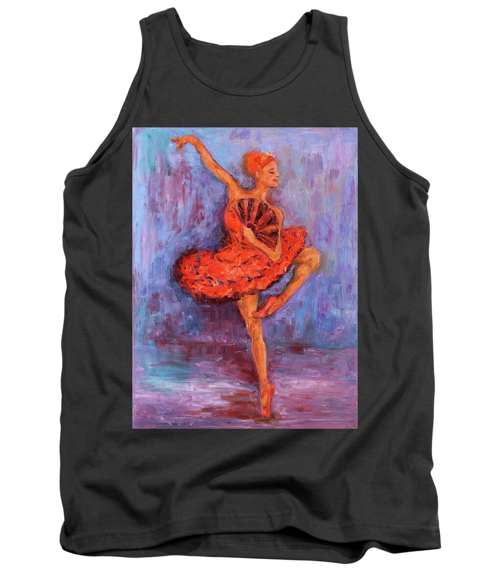 Figurative Tank Top featuring the painting Ballerina Dancing with a Fan by Xueling Zou