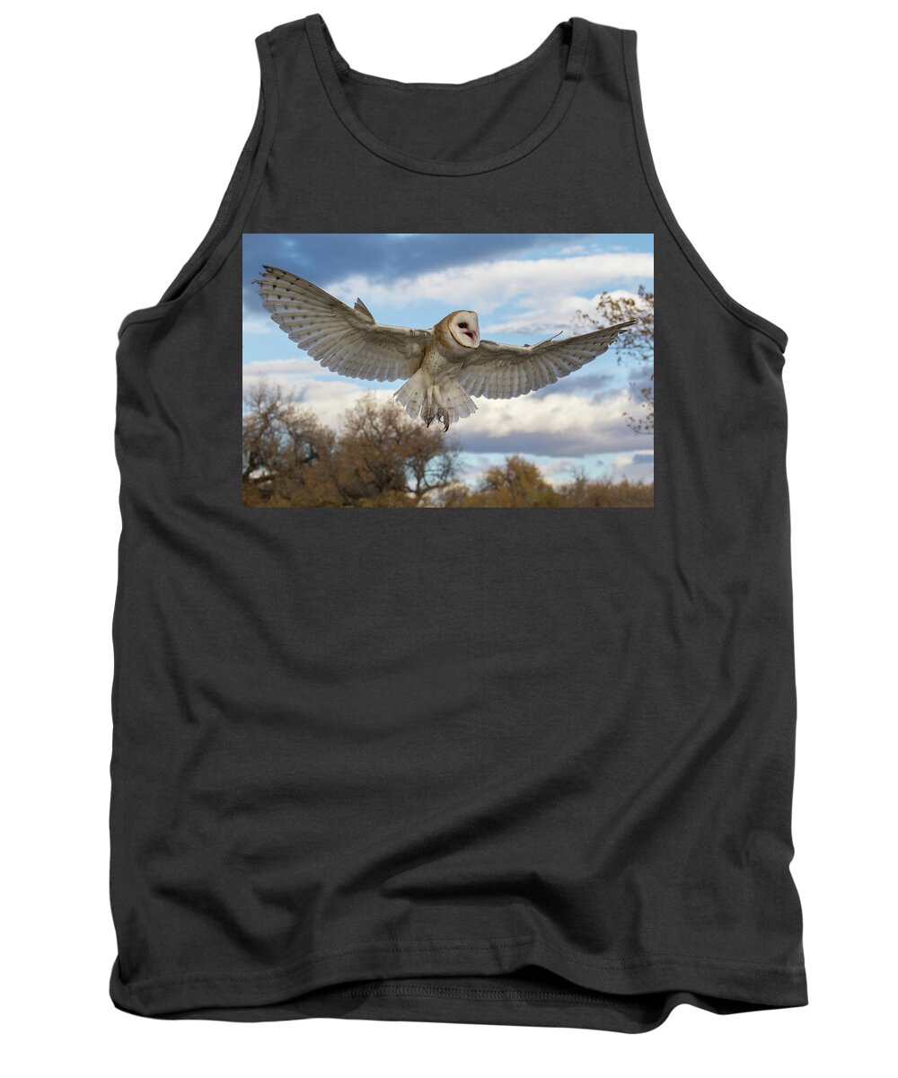 Barn Owl Tank Top featuring the photograph Barn Owl Makes a Happy Landing by Tony Hake