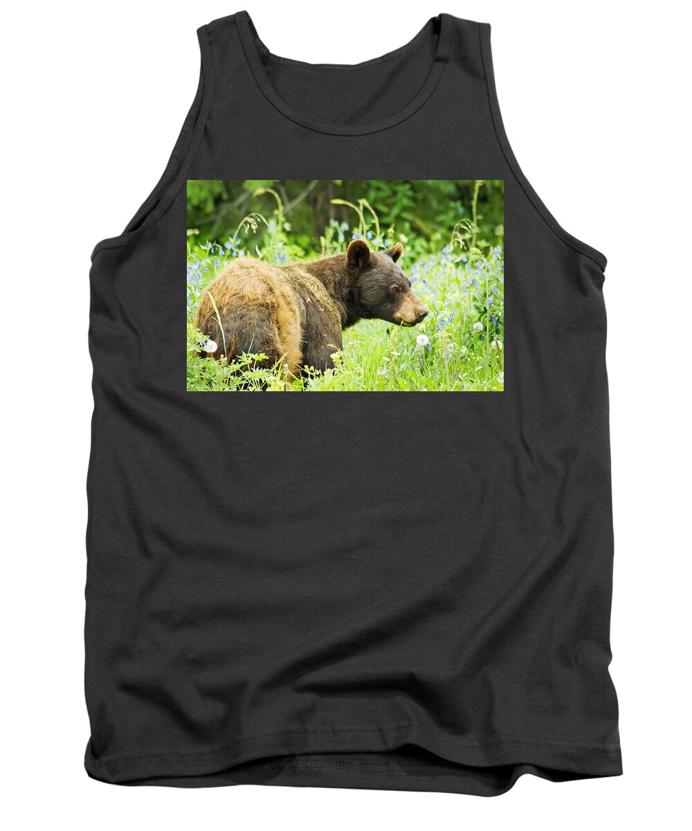 Bear Tank Top featuring the photograph Bear In Flowers by Gary Beeler