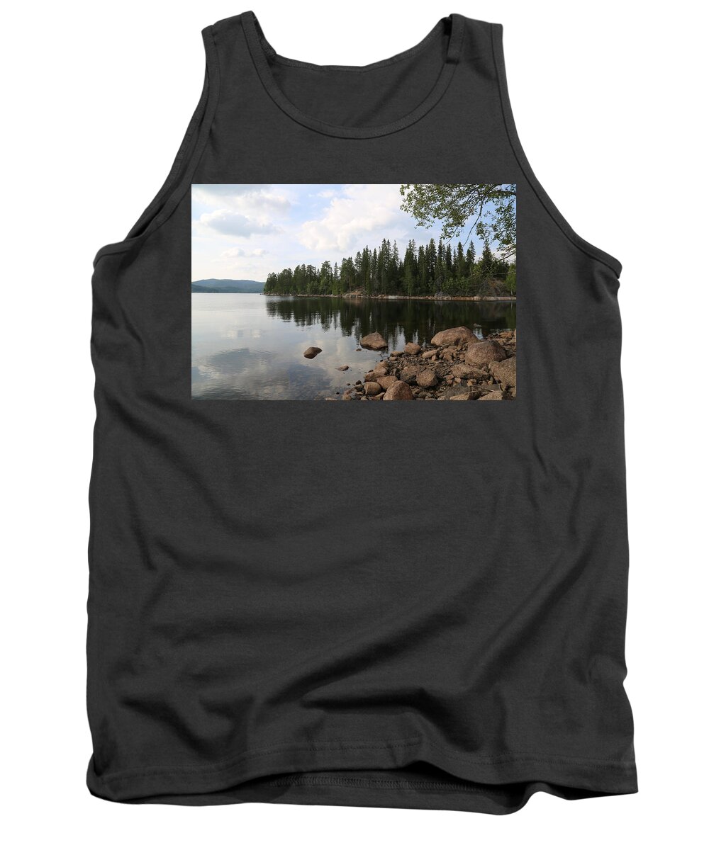 Clouds Cloud Waterfront Summer Sky Reflection Blue Grey Water Lake Trees Forrest Rocks Rock Woods Plants Trees View Panorama Outdoors Nature Landscape Tank Top featuring the digital art Beautiful Clouds by Jeanette Rode Dybdahl