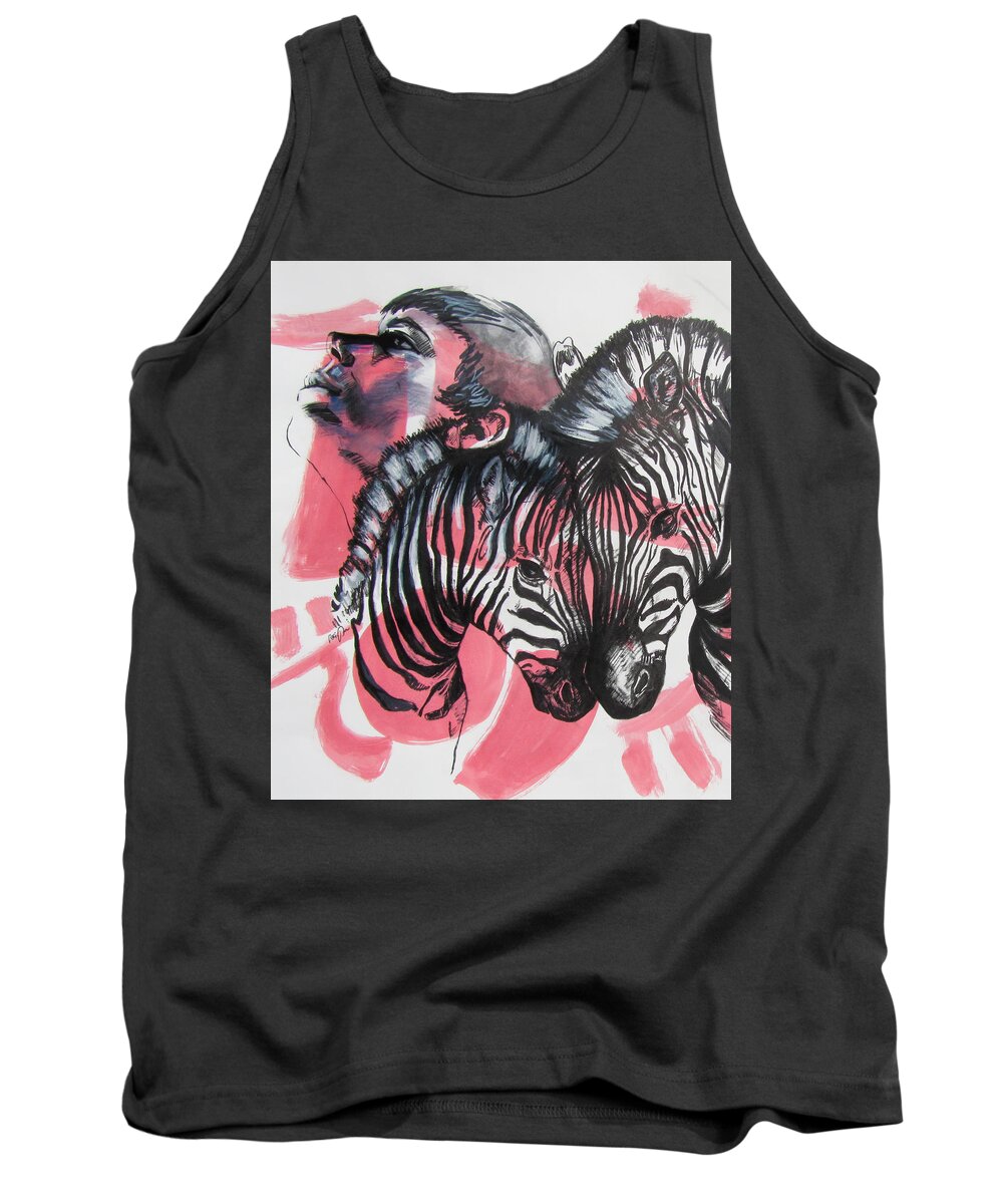 Striped Zebra Tank Top featuring the painting Between Stripes by Rene Capone