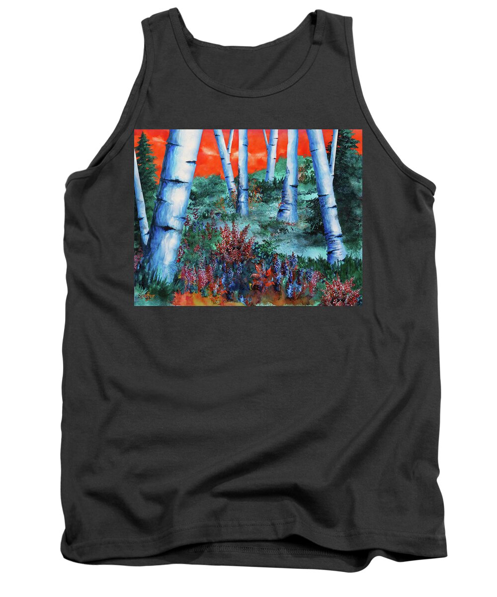 Watercolor Tank Top featuring the painting Birch Trees at Sunset by Curtiss Shaffer