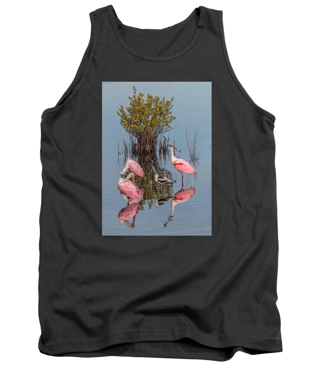 Spoonbill Tank Top featuring the photograph Birds, Reflections, and Mangrove Bush by Dorothy Cunningham
