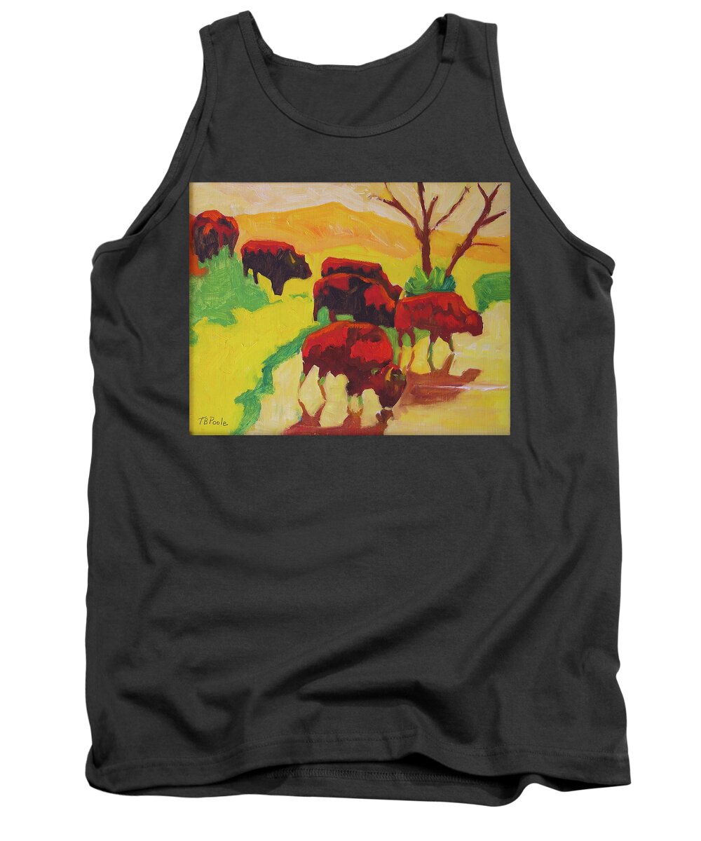 Bison Art Tank Top featuring the painting Bison Art Bison Crossing Stream Yellow Hill painting Bertram Poole by Thomas Bertram POOLE