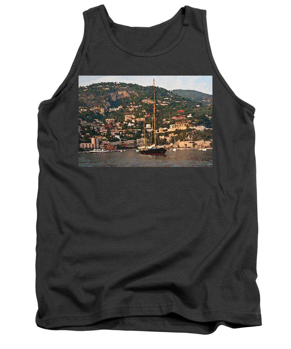 Villefranche Tank Top featuring the photograph Black Sailboat At Villefranche II by Steven Sparks