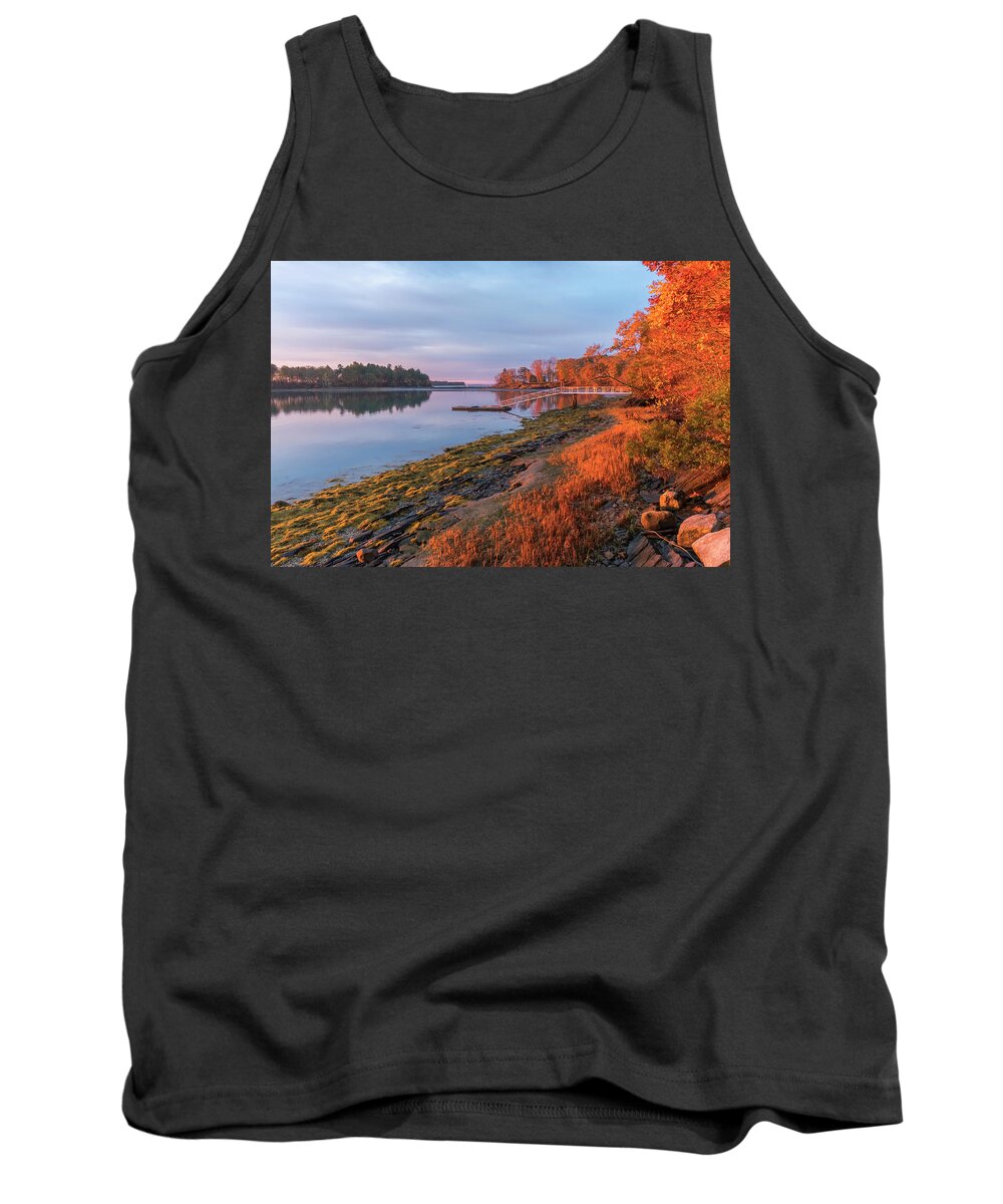 Maine Lobster Boats Tank Top featuring the photograph Blazing Shore by Tom Singleton