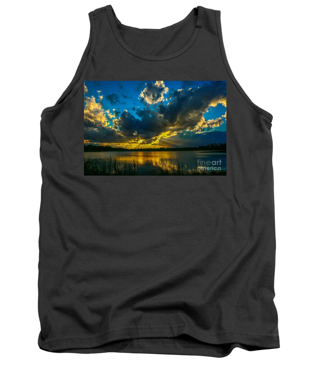 Sunset Tank Top featuring the photograph Blue and Gold Sunset with Rays by Tom Claud