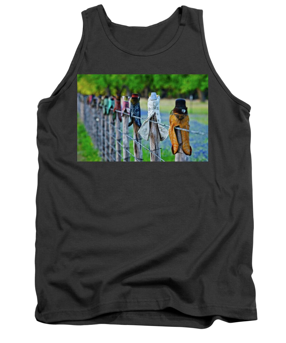 Boots Tank Top featuring the photograph Boots on the Fence by Linda Unger