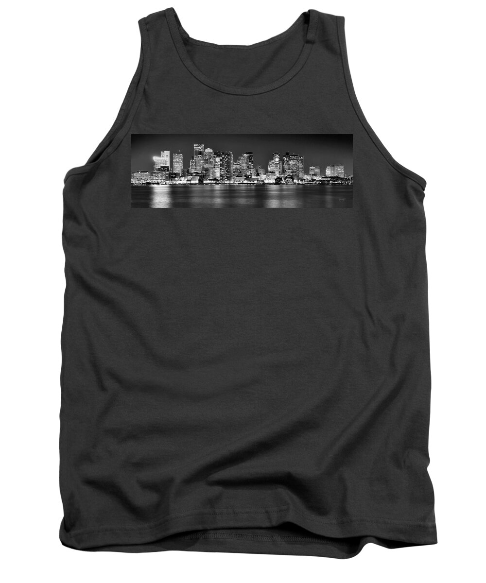 Boston Skyline At Night Tank Top featuring the photograph Boston Skyline at NIGHT Panorama Black and White by Jon Holiday