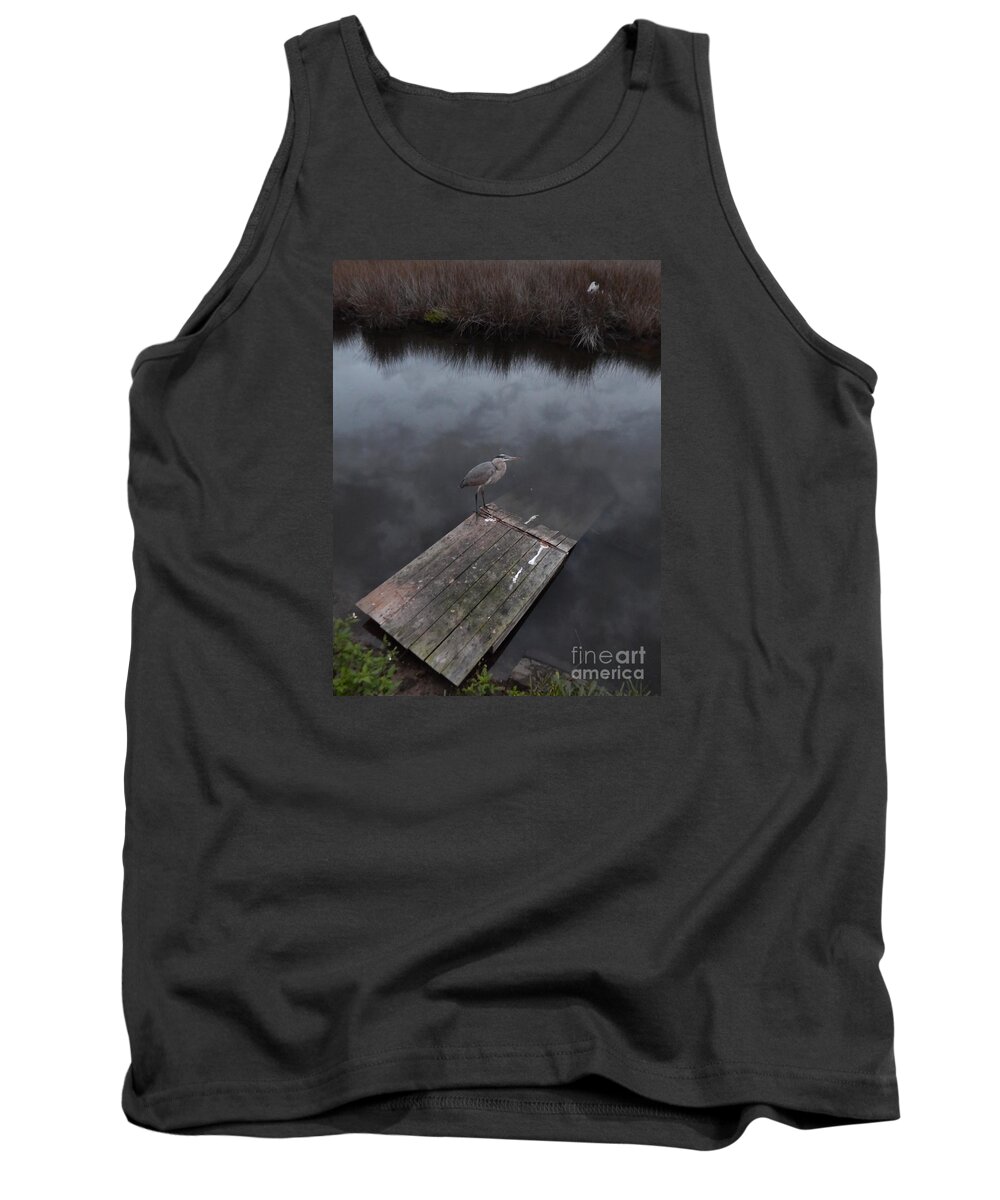  At Twilight A Heron Rests On The Float An Alligator Usually Occupies.clouds Reflect In The Water Of A Baoyu Near The Ocean On Florida's Gulf Coast. Tank Top featuring the photograph Brave Heron by Priscilla Batzell Expressionist Art Studio Gallery