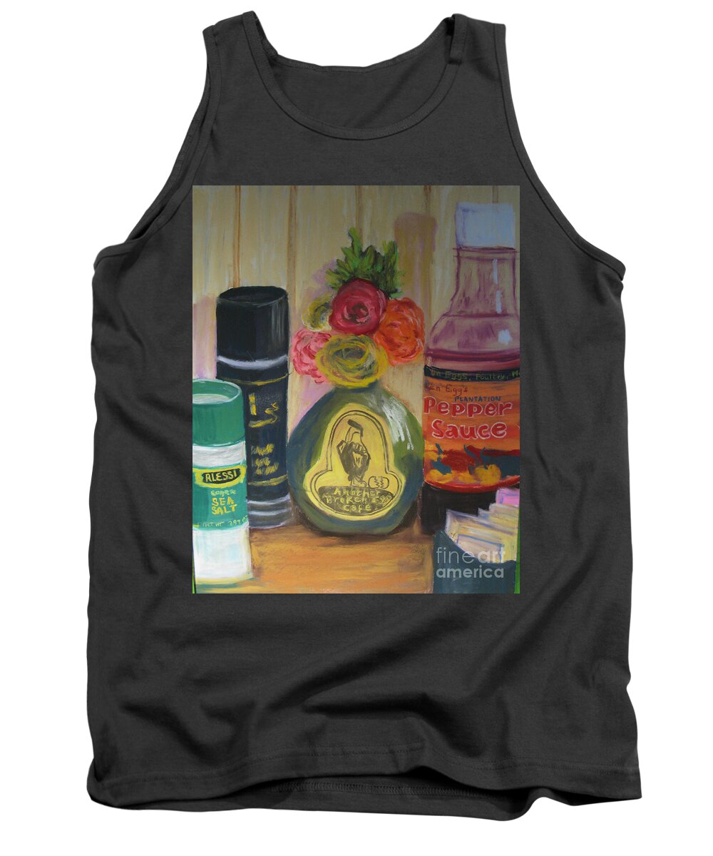 #americana #brokeneggcafe #tableart Tank Top featuring the painting Broken Egg tableart by Francois Lamothe