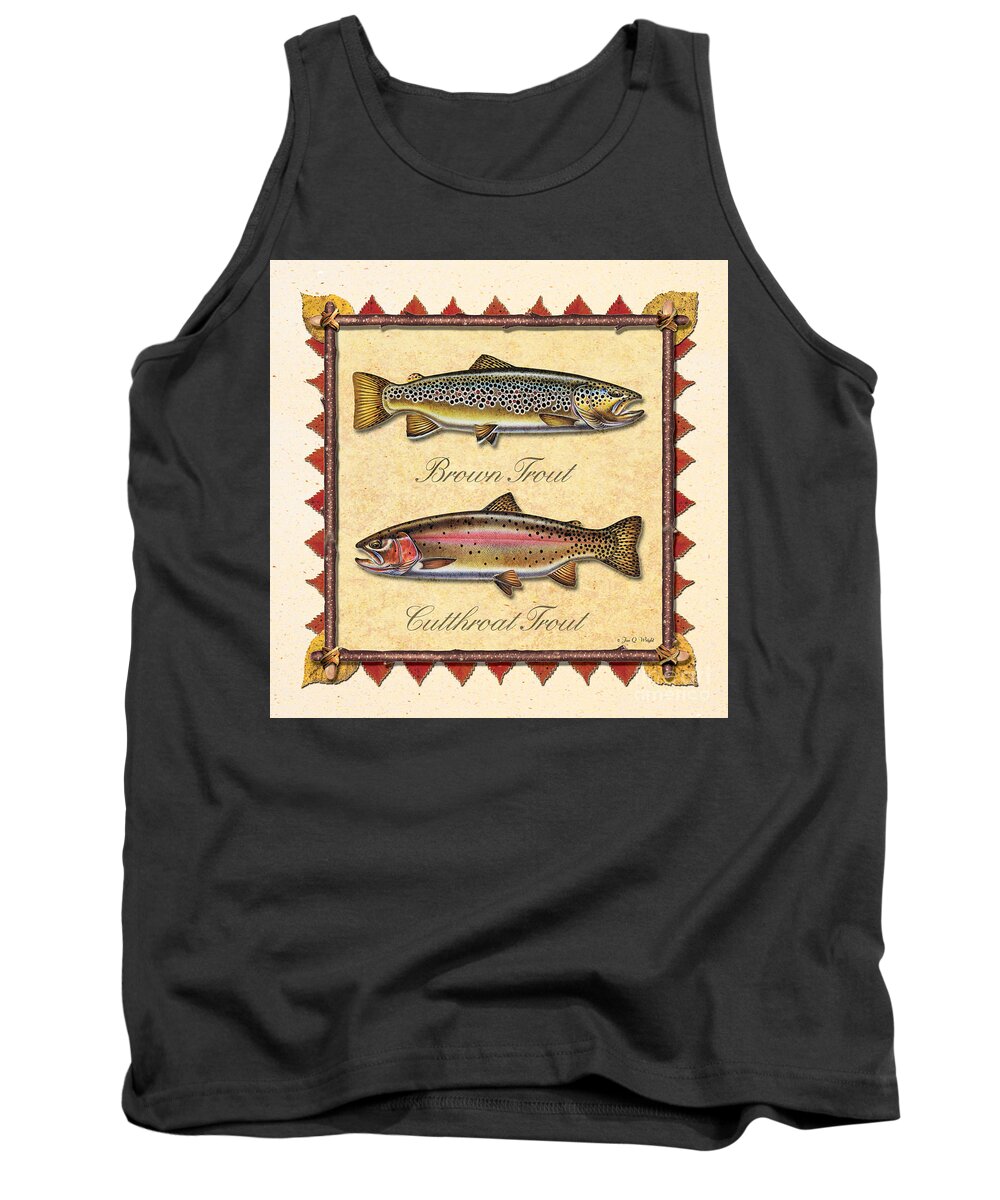 Jon Q Wright Jq Licensing Trout Fly Flyfishing Brown Trout Rainbow Trout Brook Trout Cutthroat Trout Fishing Lodge Cabin Tank Top featuring the painting Brown and Cutthroat Creme by JQ Licensing