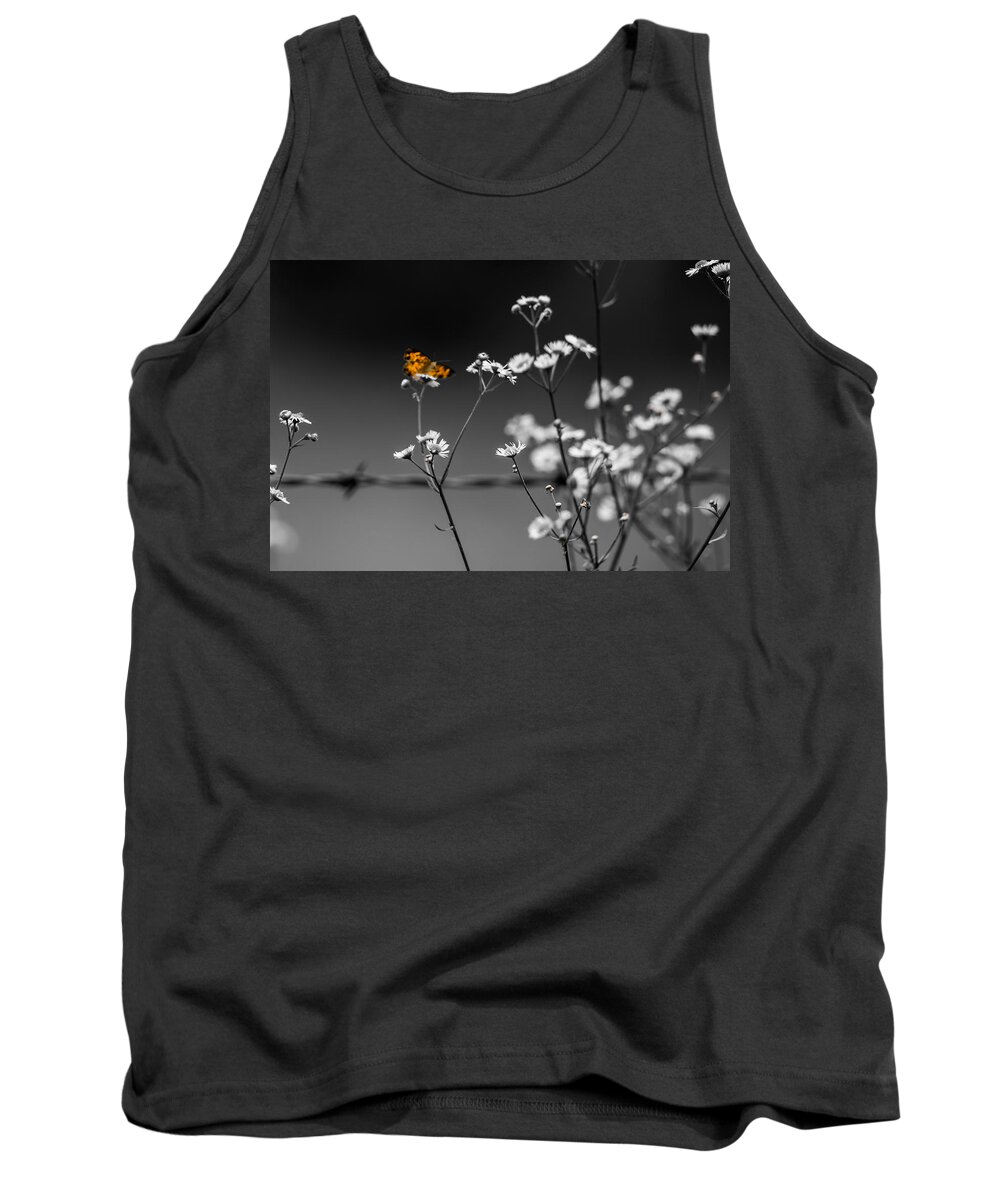Butterfly Tank Top featuring the photograph Butterfly and Barb Wire by Holden The Moment