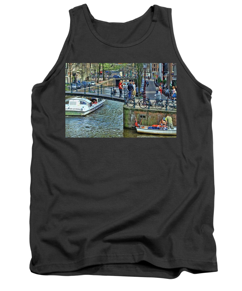 Amsterdam Canal Traffic Tank Top featuring the photograph Amsterdam Canal Scene 1 by Allen Beatty