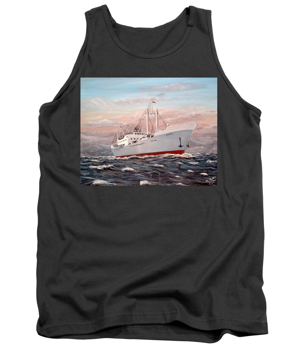 Cargp Ship Tank Top featuring the painting Cargo Ship Vamos At Sea by Mackenzie Moulton