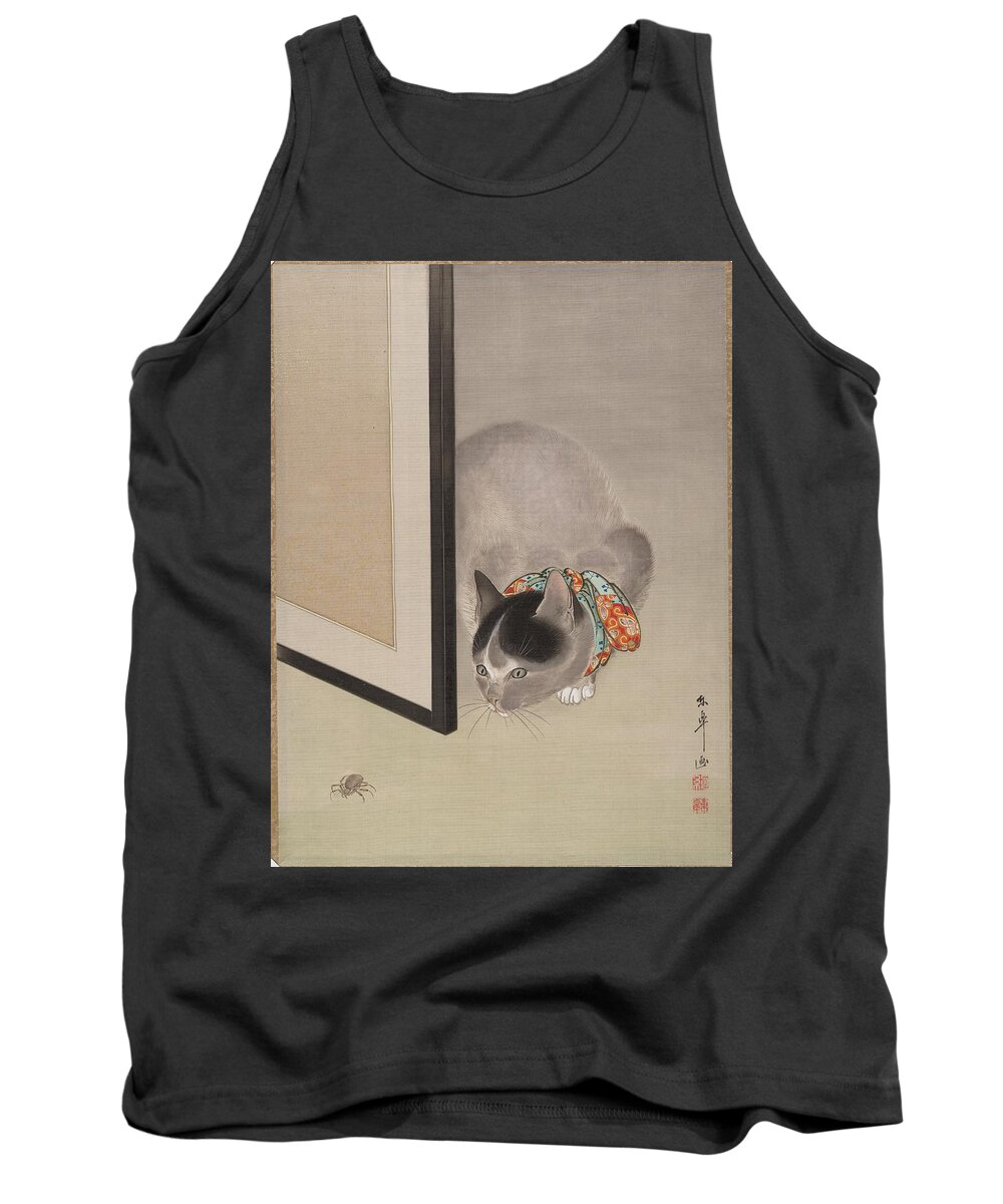 Cat Watching A Spider Tank Top featuring the painting Cat Watching a Spider by Eastern Accents