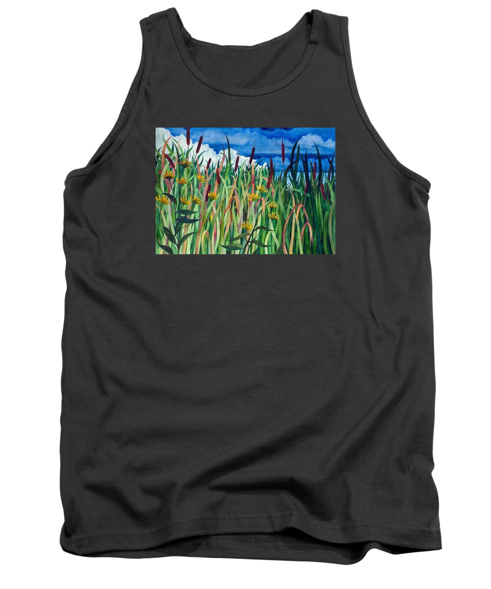Cattails Tank Top featuring the painting Cattails by Helen Klebesadel