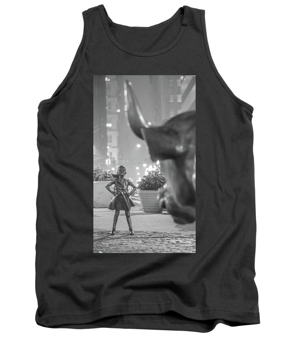 B&w Tank Top featuring the photograph Charging Bull and Fearless Girl NYC by John McGraw