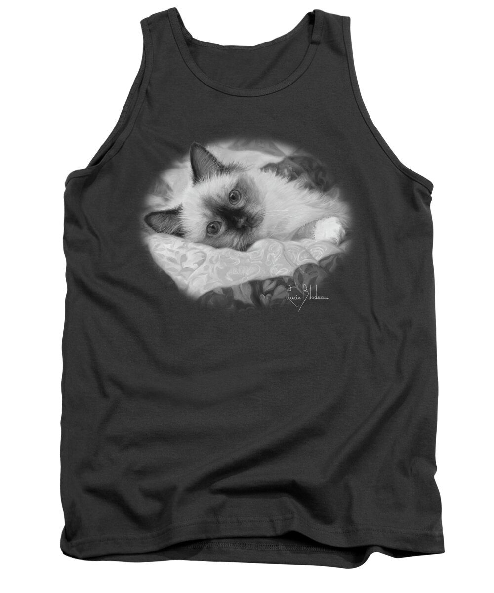 Cat Tank Top featuring the painting Charming - Black and White by Lucie Bilodeau