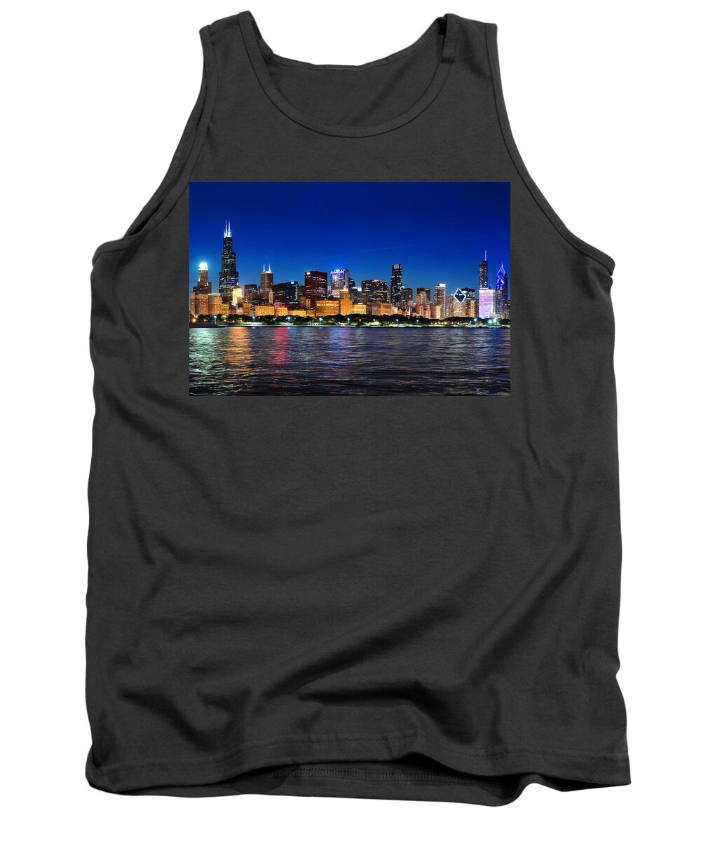 Chicago Skyscrapers Tank Top featuring the photograph Chicago Shorline at Night by Judith Barath
