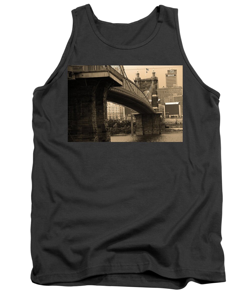 Arches Tank Top featuring the photograph Cincinnati - Roebling Bridge 2 Sepia by Frank Romeo
