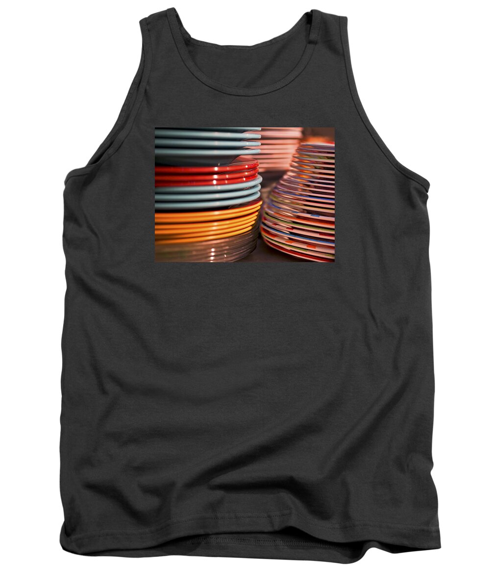 At A Recent Party I Found These Stacks Of Colorful Plates. Fortunately I Was Neat The Front So I Could Photograph Them Before They Disappeared. Tank Top featuring the photograph Coloful Stacks of Plates by Steven Ralser