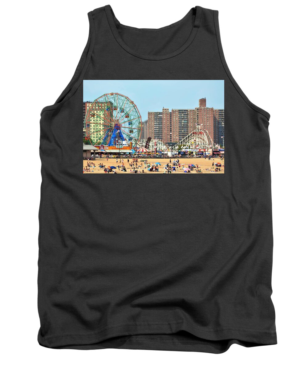 Beach With A Fairground In The Background And High Buildings Tank Top featuring the photograph Coney Island beach, Brooklyn, U.S.A. by Gillian Lovett