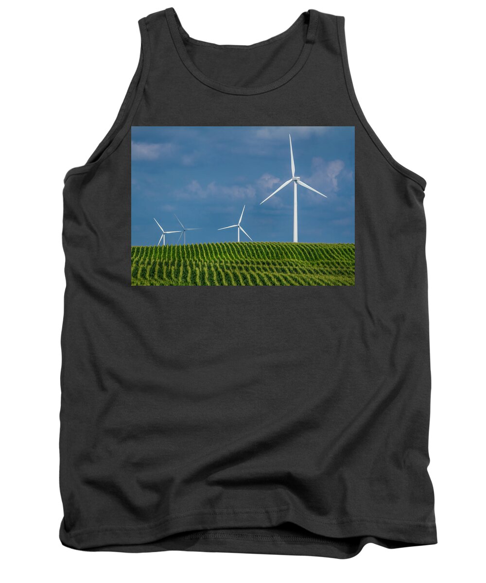 Alternative Energy Tank Top featuring the photograph Corn Rows and Windmills by Ron Pate