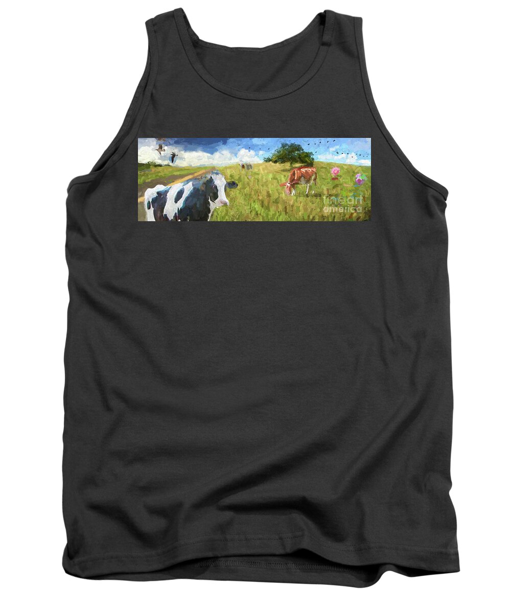 Cows. Field Tank Top featuring the photograph Cows in field, ver 2 by Larry Mulvehill