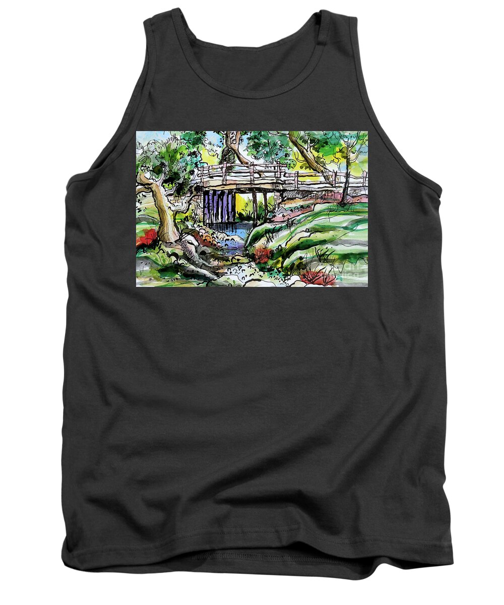 Creek Tank Top featuring the painting Creek Bed And Bridge by Terry Banderas