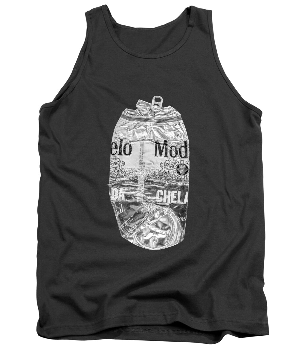 Beer Can Tank Top featuring the photograph Crushed Beer Can Red Chelada on Plywood 83 in BW by YoPedro