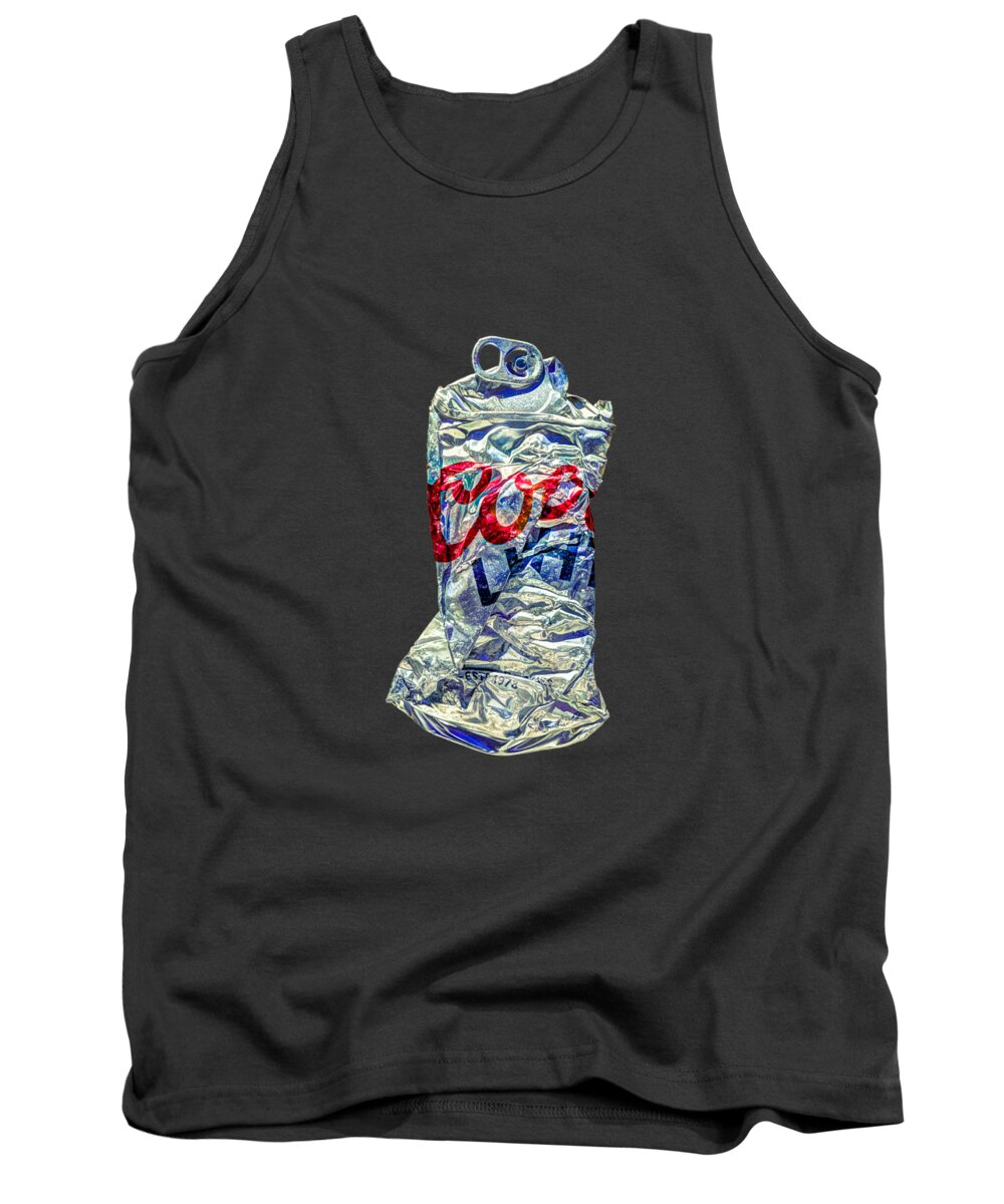 Black Tank Top featuring the photograph Crushed Silver Light Beer Can on BW Plywood 80 by YoPedro