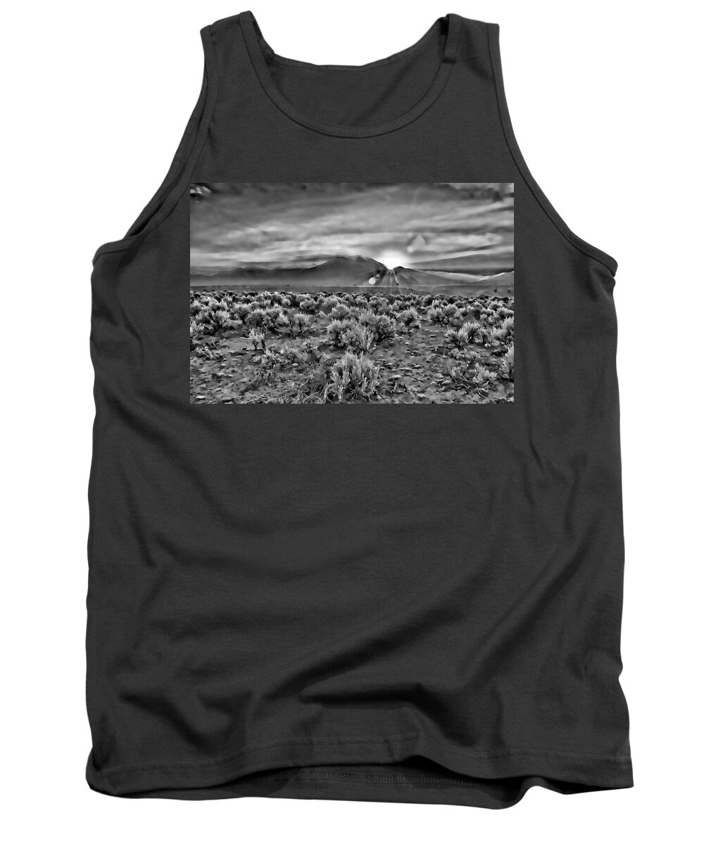  Dawn Tank Top featuring the digital art Dawn over magic Taos in b-w by Charles Muhle