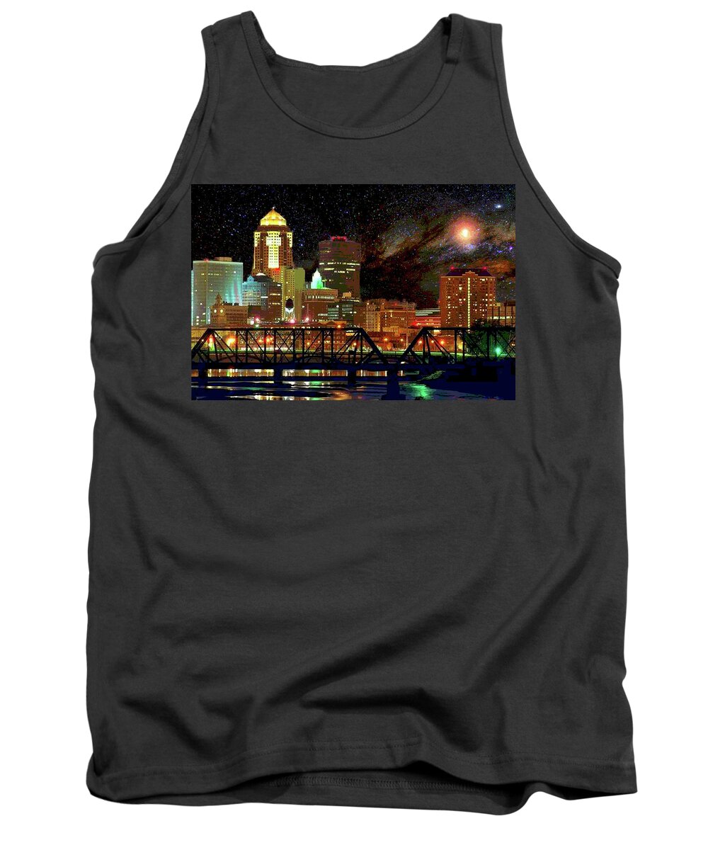 Des Moines Tank Top featuring the digital art Des Moines Vivid Nightscape by Mary Clanahan