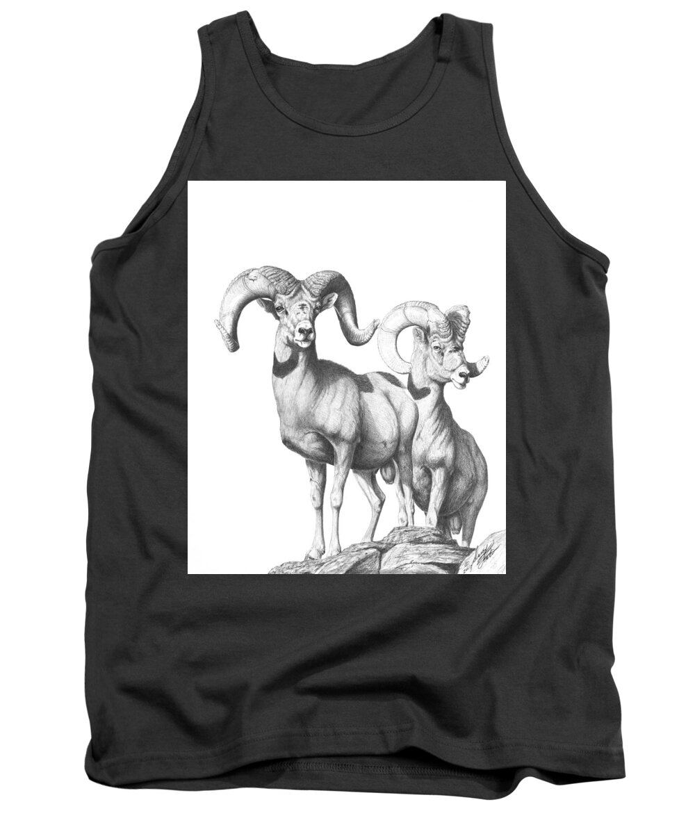 Desert Bighorn Rams Tank Top featuring the drawing Desert Sentinels by Darcy Tate