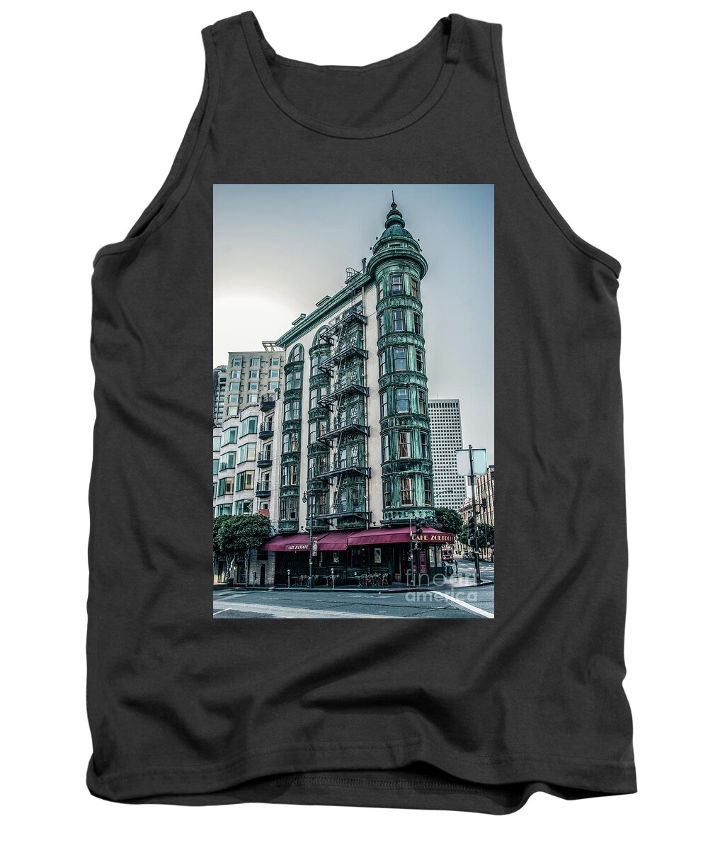 Buildings Tank Top featuring the photograph Dez 2016. San Francisco, USA - Old copper-green Columbus tower o by Amanda Mohler