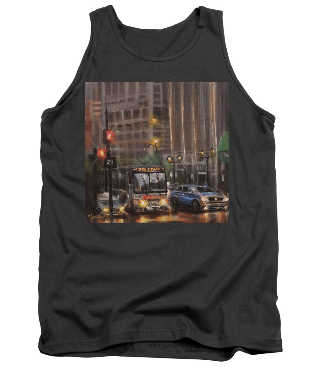 Milwaukee Tank Top featuring the painting Downtown Bus by Tom Shropshire