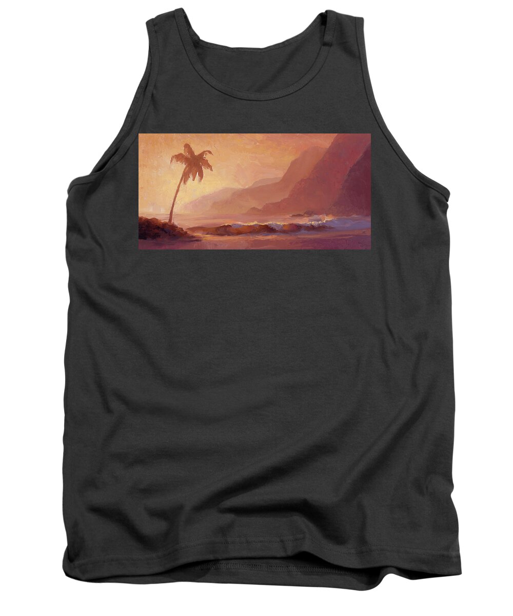 Hawaiian Palm Tree Landscape Tank Top featuring the painting Dreams of Hawaii - Tropical Beach Sunset Paradise Landscape Painting by K Whitworth