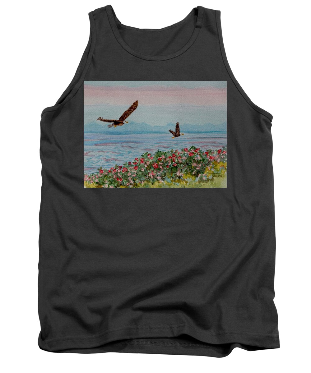 American Bald Eagle Tank Top featuring the painting Eagles Fly over the Bay by Jeannie Allerton