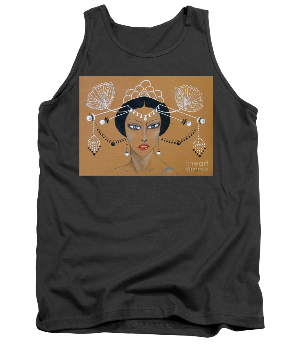 Asian Tank Top featuring the drawing Eastern Elegance -- Whimsical Asian Woman by Jayne Somogy