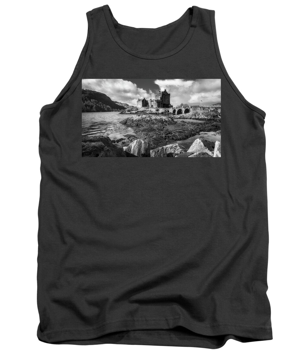 Eilean Donan Tank Top featuring the photograph Eilean Donan Castle in black and white by Holly Ross