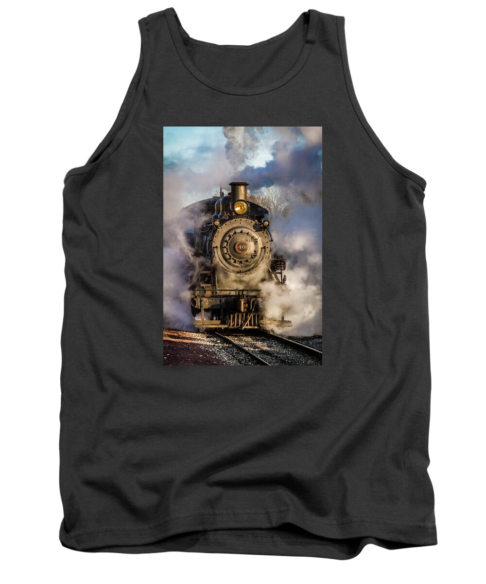 Steam Tank Top featuring the photograph Engine Emerging from the Steam by Kevin Giannini