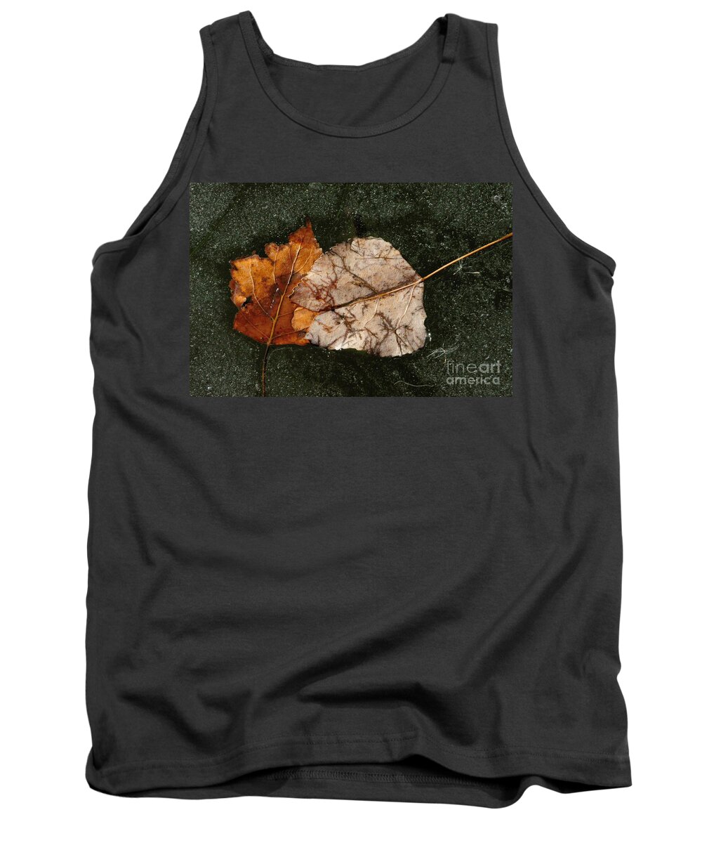 Fallen Leaves Tank Top featuring the photograph Fallen Leaves on Frozen Water by Merrimon Crawford