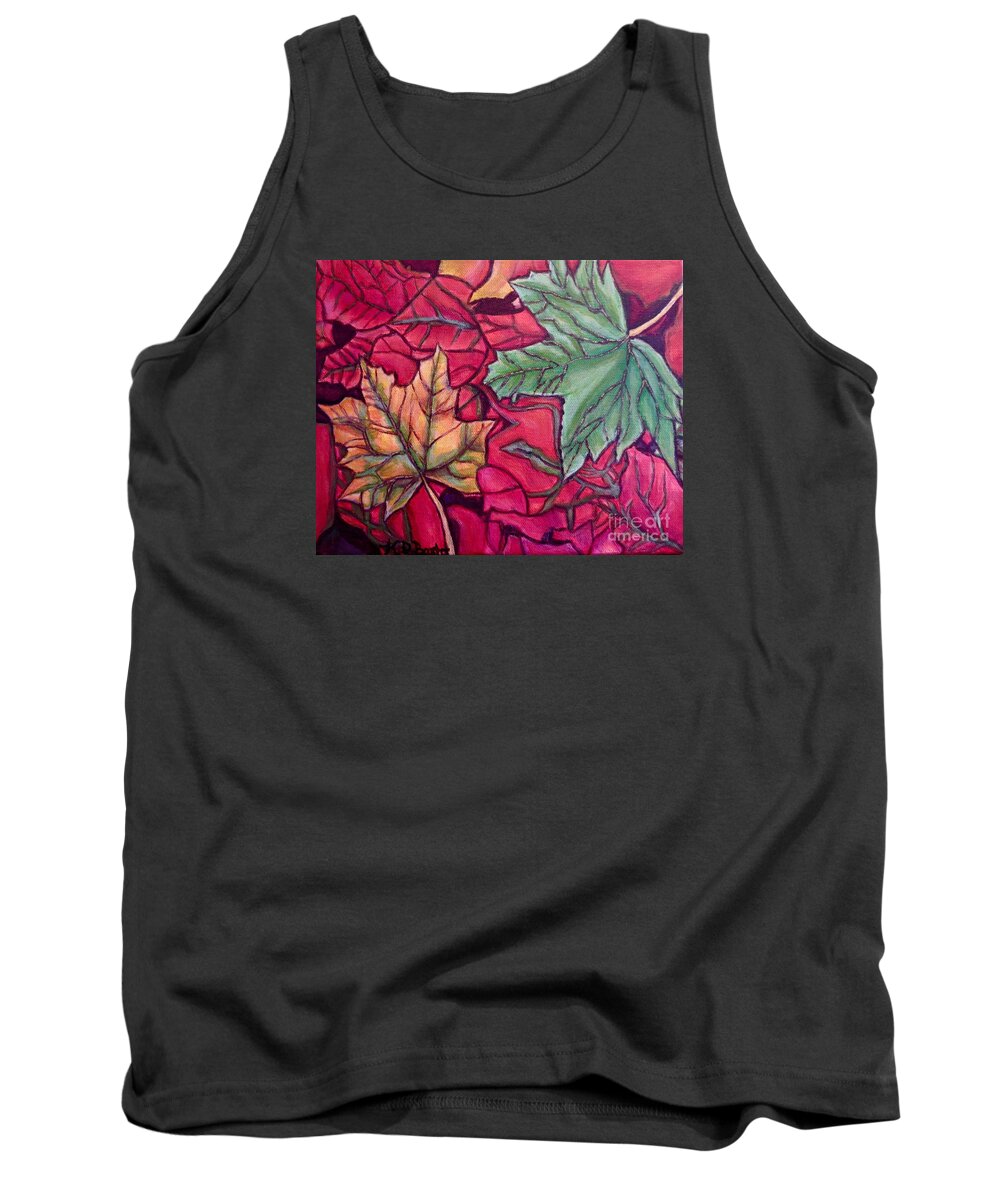 Nature Scene Collage Of Falling Fallen Leaves Gold Yellow Crimson Purple Eggplant Coral Orange Hot Pink Magenta Hunter Green Maple Leaves Underside Of Leaves Acrylic Painting Tank Top featuring the painting Falling Leaves Two Painting by Kimberlee Baxter