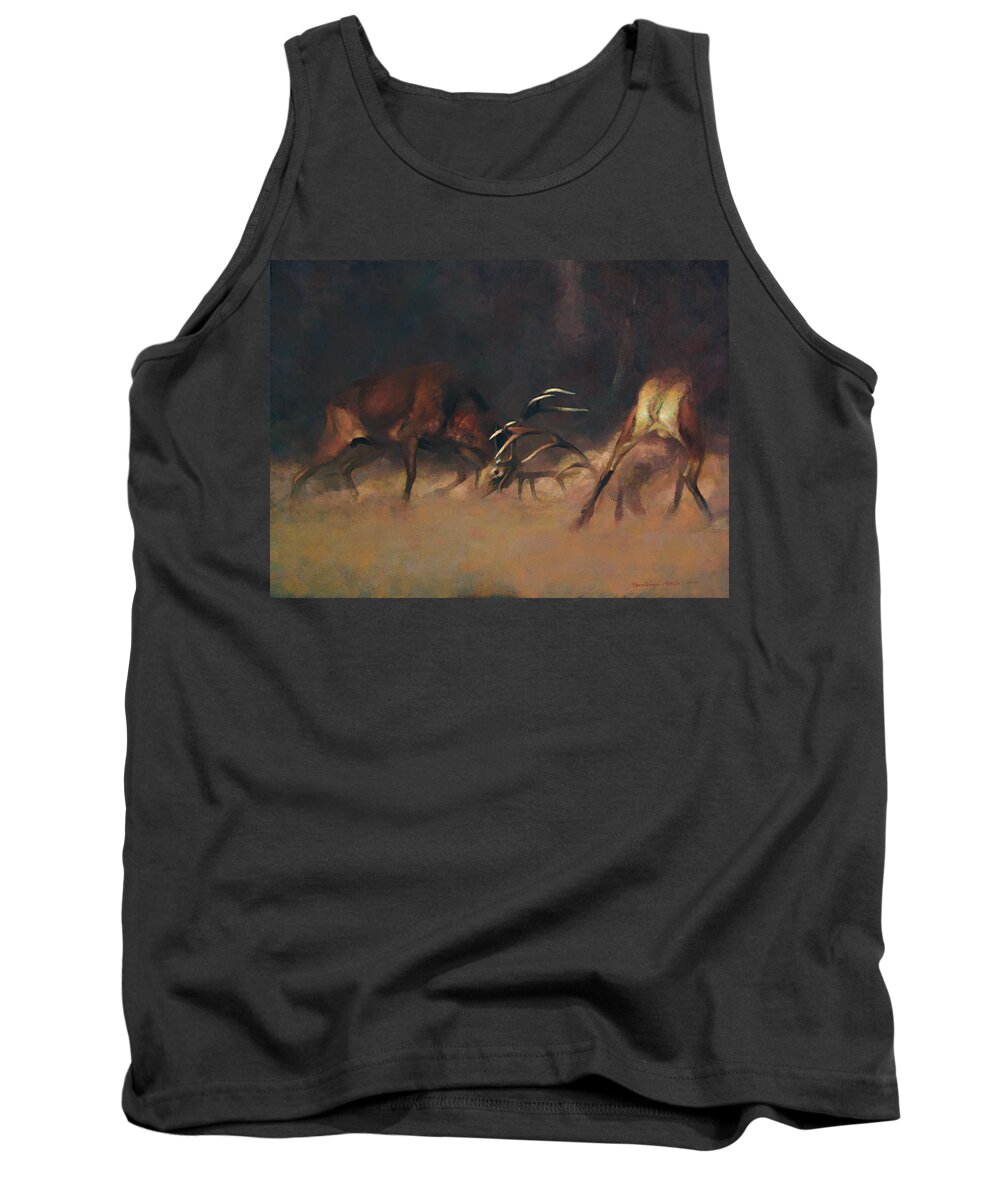 Fighting Stags Tank Top featuring the painting Fighting Stags I. by Attila Meszlenyi