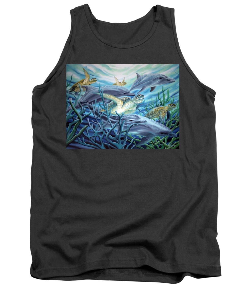 Sea Turtle Tank Top featuring the painting Fins and Flippers by William Love