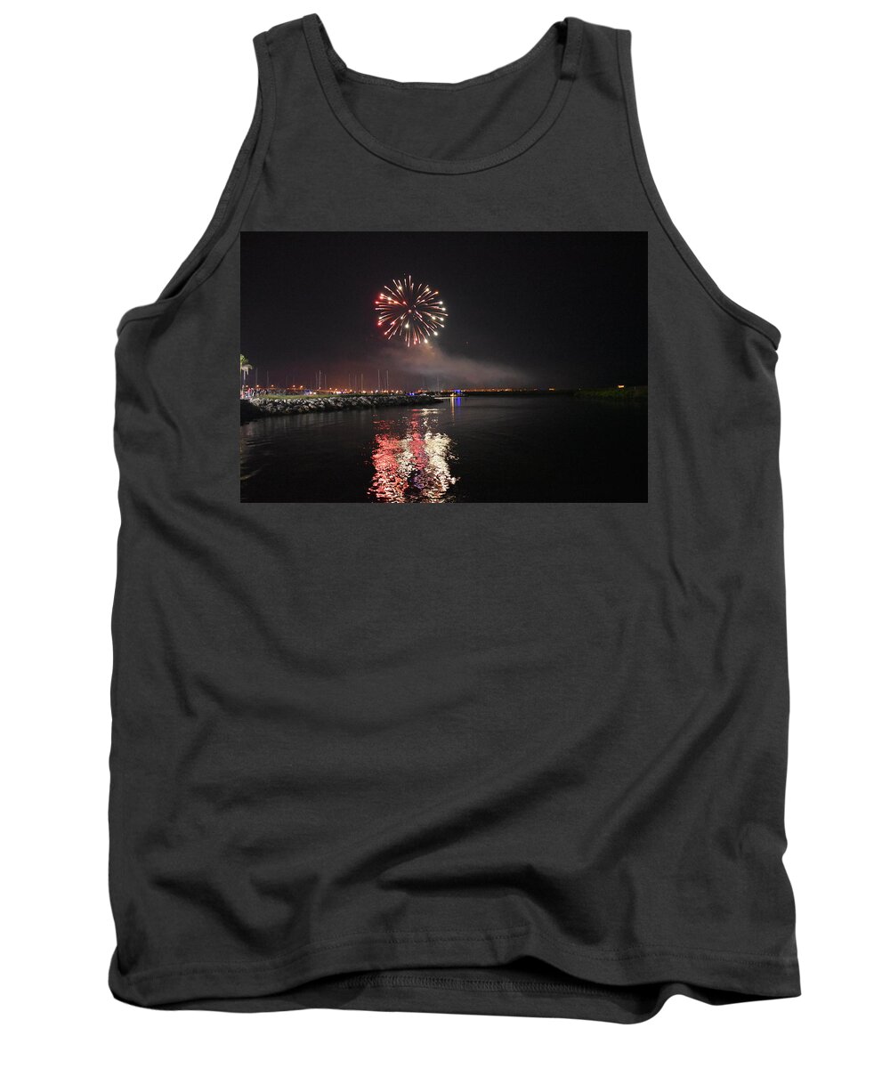Fireworks Tank Top featuring the photograph Fireworks Over Water 2 by Vicki Lewis