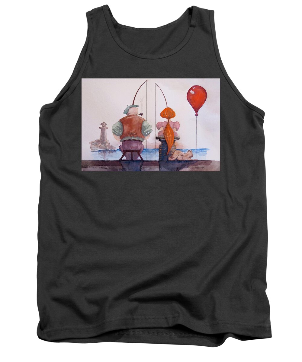 Fishing With Grandpa Tank Top featuring the painting Fishing With Grandpa by Geni Gorani