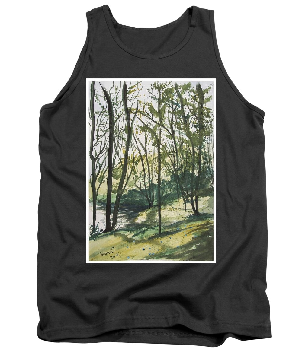 Tree Tank Top featuring the painting Forest by the lake by Manuela Constantin