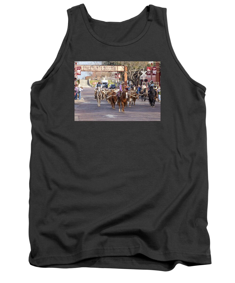 Fort Worth Tank Top featuring the photograph Ft Worth Longhorn Cattle Drive by Anthony Totah